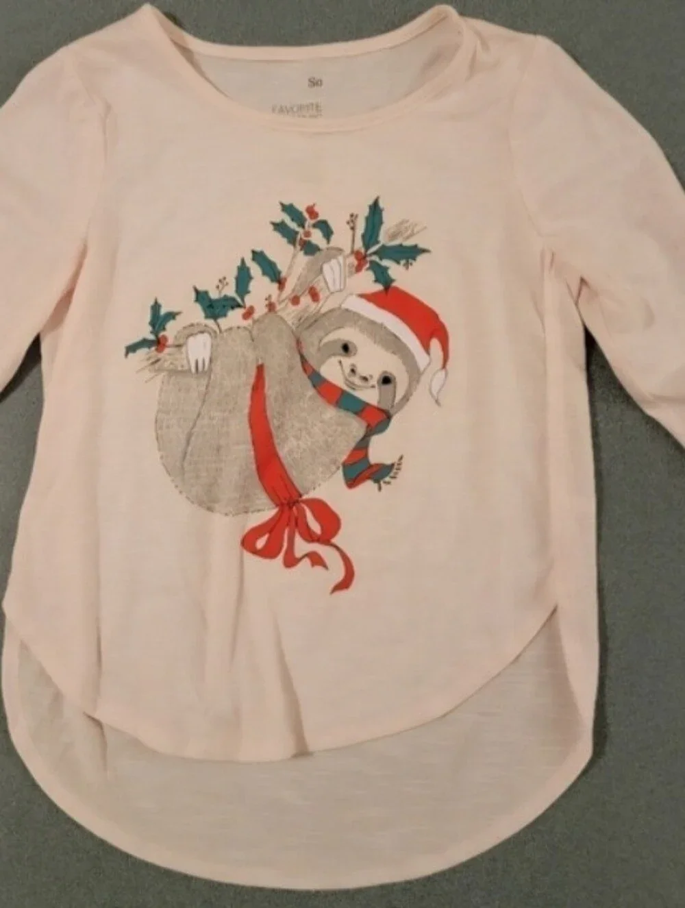 SO Girls Christmas Sloth Graphic Tee Size M 10/12 Long Sleeve Holiday Shirt